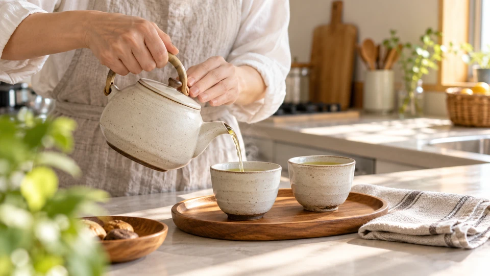 家庭のキッチンで二人分のお茶をいれる様子