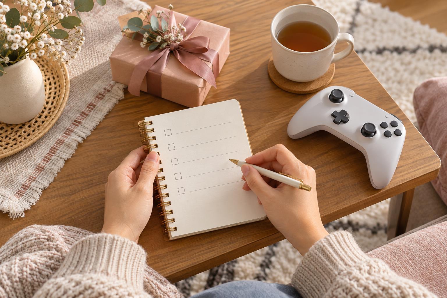 ゲーム用品を贈る前に持っている機器をメモで確認するイメージ